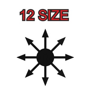 May include: Black and white symbol with eight points and a black circle in the center. The text "12 SIZE" is above the symbol in red.