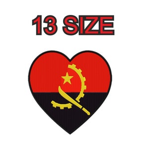 May include: A red heart with a black and yellow Angolan flag design. The flag features a yellow star and a crossed machete and cogwheel. The text "13 SIZE" is above the heart.