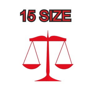 Könnte beinhalten: Eine rote Waage mit zwei roten Schalen, mit dem Text "15 SIZE" in schwarzen und roten Buchstaben über der Waage.