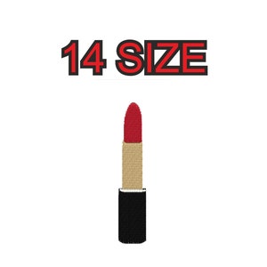 Può includere: Un disegno ricamato di un rossetto con punta rossa, corpo dorato e base nera. Il testo "14 SIZE" è sopra il rossetto in nero e rosso.