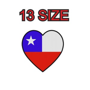 May include: A heart-shaped patch with the Chilean flag. The flag is blue with a white star in the upper left corner, white in the middle, and red at the bottom. The text "13 SIZE" is above the heart.