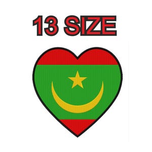 May include: A heart-shaped design featuring the flag of Mauritania. The flag is green with a yellow crescent moon and star. The heart is outlined in black and has a red border.