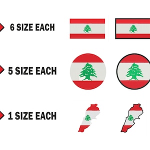 Peut inclure: Six tailles différentes du drapeau libanais, cinq tailles différentes d'un cercle avec le drapeau libanais et une taille du contour du Liban avec le drapeau libanais à l'intérieur.