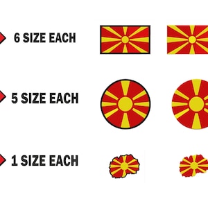 Op de afbeelding: Zes verschillende maten van de Macedonische vlag, vijf verschillende maten van de Macedonische vlag in een cirkel en één maat van de Macedonische vlag in de vorm van het land. De tekst "6 size each", "5 size each" en "1 size each" wordt weergegeven naast pijlen die naar rechts wijzen.