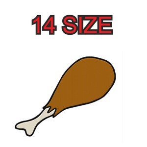Peut inclure: Une cuisse de poulet brune avec un os blanc, soulignée de noir. Le texte "14 SIZE" est au-dessus de la cuisse de poulet.