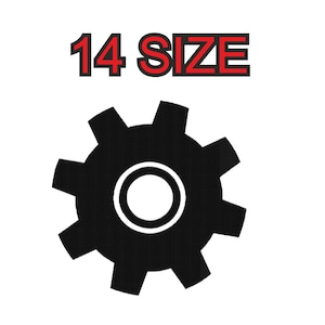 Peut inclure: Icône d'engrenage noire avec le texte "14 SIZE" en lettres rouges au-dessus.