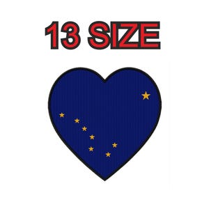 May include: A blue heart-shaped patch with the flag of Alaska. The flag features a single gold star in the upper right corner and seven gold stars in a diagonal line across the lower left corner. The text "13 SIZE" is above the patch.