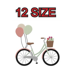 May include: A green bicycle with a brown basket filled with pink and green flowers. The bicycle has a pink, white, and green balloon attached to the handlebars. The text "12 SIZE" is above the bicycle.