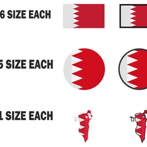 May include: A graphic showing different sizes of the flag of Bahrain. The flag is red with a white serrated triangle on the hoist side. The text "6 size each", "5 size each", and "1 size each" is shown next to arrows pointing to the different sizes of the flag.