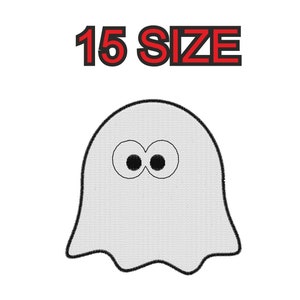 Peut inclure: Un fantôme blanc avec des yeux noirs et un design simple. Le fantôme est délimité en noir et a une forme arrondie. Le texte "15 SIZE" est au-dessus du fantôme.