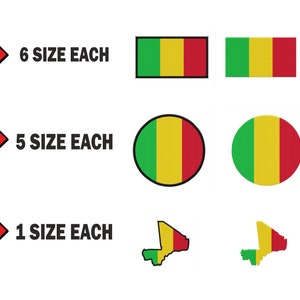 Peut inclure: Plusieurs formes et tailles du drapeau du Mali sont présentées. Le drapeau est vert, jaune et rouge. L'image comprend des versions rectangulaires, circulaires et en forme de carte du drapeau, avec du texte indiquant la quantité de chaque taille.