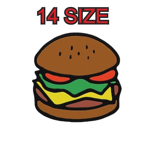 Peut inclure: Une illustration de dessin animé d'un hamburger brun avec une tomate rouge, de la laitue verte et du fromage jaune. Le texte "14 SIZE" est au-dessus du hamburger.