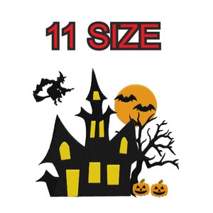 Peut inclure: Silhouette noire d'une maison hantée avec une lune jaune et des chauves-souris, une sorcière volant sur un balai et deux citrouilles. Le texte "11 SIZE" est au-dessus de l'image.