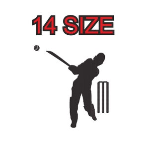 Peut inclure: Une silhouette noire d'un joueur de cricket balançant une batte vers une balle. Le joueur porte un casque et des protège-tibias. La balle est en l'air. Il y a trois piquets dans le sol derrière le joueur. Le texte "14 SIZE" est en haut de l'image.