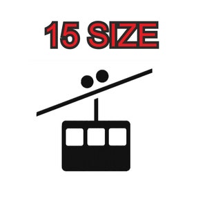 Puede incluir: Ilustración en blanco y negro de un teleférico con el texto 15 size arriba.