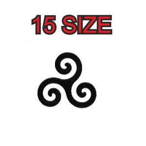 May include: Black and white stylised image of a triskelion, a symbol with three interlocked spirals. The image is labelled "15 SIZE".