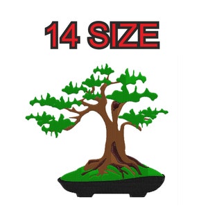 Peut inclure: Broderie représentant un bonsaï dans un pot noir avec des feuilles vertes et des branches brunes. Le motif est intitulé "14 SIZE".