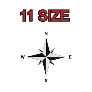 May include: A black and white compass with the directions North, South, East, and West labeled in black text. The text "11 SIZE" is in red text above the compass.