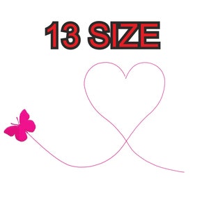 Peut inclure: Fond blanc avec un papillon rose et un tracé en forme de cœur. Le texte "13 SIZE" est affiché en rouge avec un contour noir.
