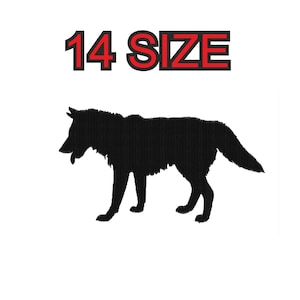 Puede incluir: Silueta negra de un lobo, con el texto "14 SIZE" encima.