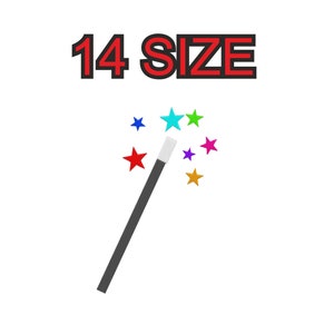 May include: A black magic wand with a white tip, surrounded by colorful stars. The text "14 SIZE" is above the wand.