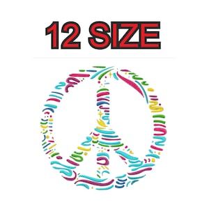 May include: A colorful peace sign made of lines and swirls. The peace sign is outlined in black and filled with a variety of colors, including red, orange, yellow, green, blue, and purple. The text "12 SIZE" is written in red letters above the peace sign.
