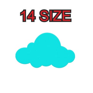 May include: A turquoise blue cloud shape with the text "14 SIZE" in red and black lettering above it.