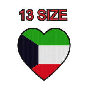 May include: A heart-shaped design featuring the flag of Kuwait. The flag is green, white, black, and red. The text "13 SIZE" is above the heart.