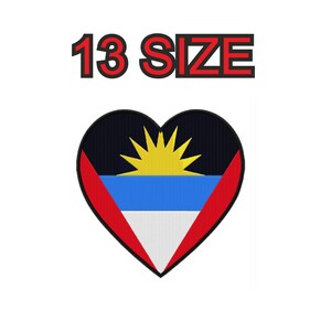 May include: A heart-shaped patch with the flag of Antigua and Barbuda. The flag features a red triangle with a white stripe and a blue stripe, topped by a yellow sun with rays.
