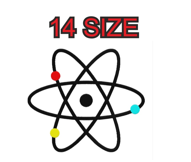 Peut inclure: Illustration en noir et blanc d'un atome avec un noyau noir et trois &eacute;lectrons en orbite, un rouge, un jaune et un bleu. Le texte "14 SIZE" est au-dessus de l'atome.