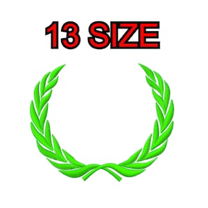 Peut inclure: Modèle de broderie de laurier vert avec le texte "13 SIZE" en lettres rouges.