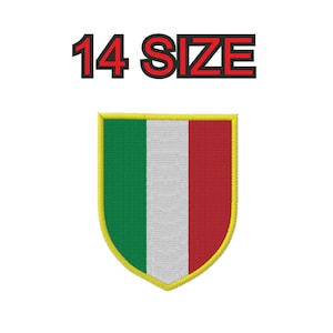 Può includere: Un cerotto ricamato a forma di scudo, con i colori giallo, verde, bianco e rosso. Il testo "14 SIZE" è sopra il cerotto.