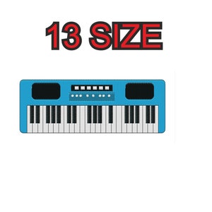 May include: A blue keyboard with 13 keys, black keys, and white keys. The keyboard has a black and white control panel with buttons and knobs.