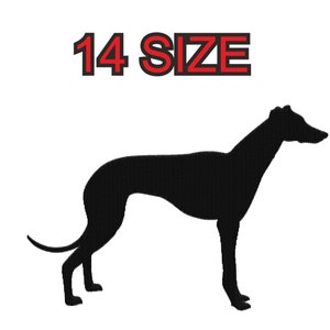 Peut inclure: Silhouette noire d'un lévrier, avec le texte "14 SIZE" au-dessus.