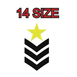 Peut inclure: Un écusson de style militaire noir et jaune avec trois chevrons noirs et une étoile jaune sur le dessus. Le texte "14 SIZE" est au-dessus de l'écusson.