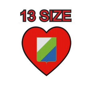 May include: Red heart-shaped patch with a white, green, and blue shield inside. The text "13 SIZE" is above the heart.
