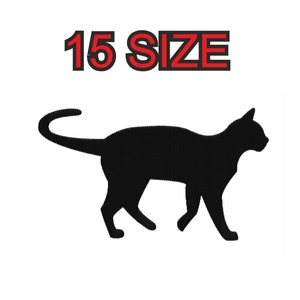 Peut inclure: Silhouette noire d'un chat marchant vers la droite. Le texte "15 SIZE" est au-dessus du chat.