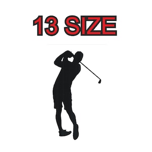 Peut inclure: Silhouette d'un golfeur en train de frapper une balle de golf. L'image comprend le texte "13 SIZE" en rouge.