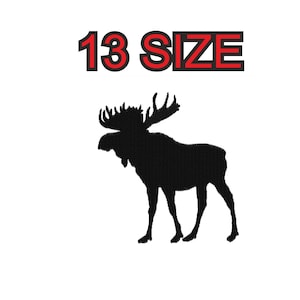 Pode incluir: Silhueta preta de um alce com grandes chifres. O texto "13 SIZE" está acima do alce.