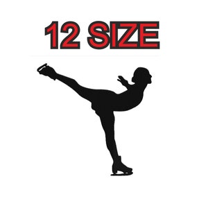 May include: Black silhouette of a figure ice skating with one leg extended. The figure is wearing a short skirt and skates. The text "12 SIZE" is above the figure.
