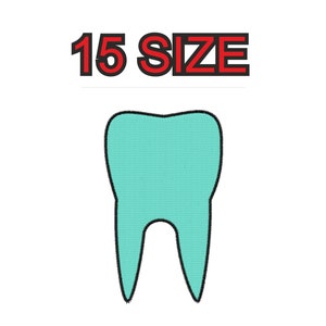 May include: A turquoise tooth outline with a black outline. The text "15 SIZE" is above the tooth.