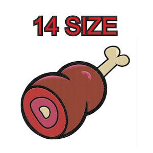 Peut inclure: Illustration de dessin animé d'un produit de viande cuite, peut-être un jambon ou une cuisse de dinde, avec un os et une coupe transversale montrant les couches de viande. Le texte "14 SIZE" est affiché au-dessus de la viande.