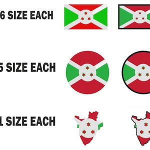 Peut inclure: Six patchs de drapeau du Burundi de différentes tailles et formes, y compris un rectangle, un cercle et un contour du pays. Le texte "6 SIZE EACH" est écrit au-dessus des patchs.