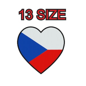 Puede incluir: Un diseño en forma de corazón rojo, blanco y azul con los colores de la bandera de la República Checa. El texto "13 SIZE" está por encima del corazón.