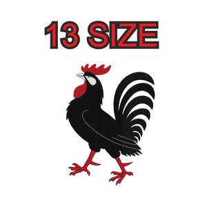 Peut inclure: Coq noir avec une crête et des barbillons rouges, debout sur un fond blanc. Le texte "13 SIZE" est au-dessus du coq.