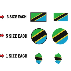 May include: An image featuring various shapes of the Tanzanian flag. The image includes rectangular, circular, and map-shaped designs, each in the colors green, black, yellow, and blue. Text indicates the quantity of each size.