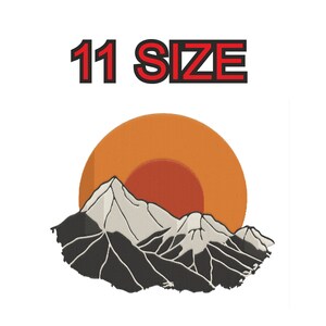 May include: An embroidered patch featuring a mountain range silhouette in black and white, set against an orange sunset. The text "11 SIZE" is displayed in red letters above the design.