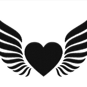 May include: A black heart with wings. The heart is in the center of the image and the wings are on either side of it. The wings are made up of three rows of feathers.