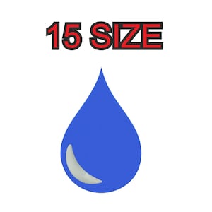 May include: A blue teardrop shape with a silver accent, set against a white background. Above the teardrop, the text "15 SIZE" is displayed in red letters with a black outline.