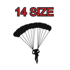 May include: Black silhouette of a skydiver with a parachute open, against a white background. The text "14 SIZE" is above the image.